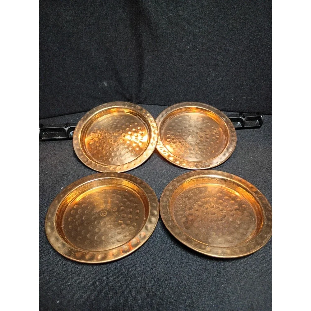 Set of 4 Hammered Copper Coasters Round Rustic Barware Cocktail Drink